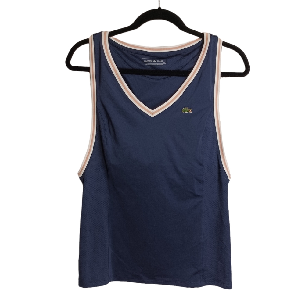 LACOSTE SPORT Navy Blue Stripe Trim Sleeveless Racerback Athletic Tank Top 8 NWT